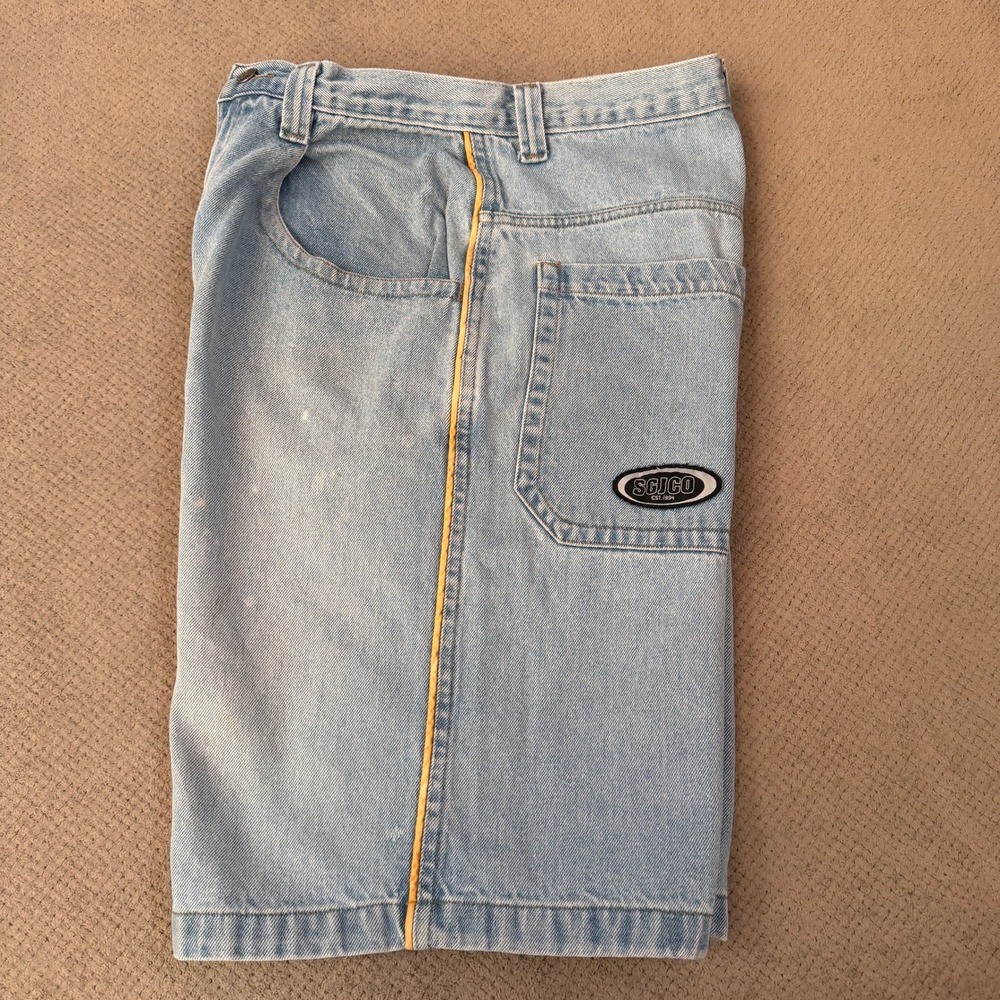 Vintage 1990s Sonoma Big Fit Baggy Denim Shorts Light Wash Yellow Piping Size 30